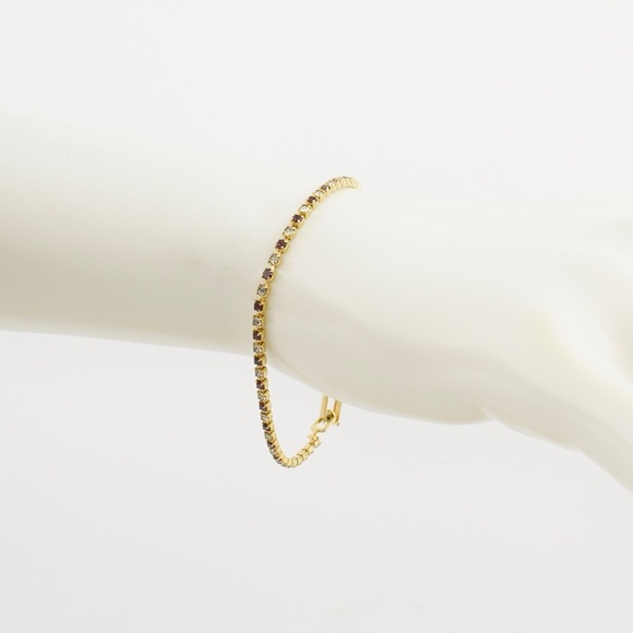 Vintage Rhinestone Tennis Bracelet Gold Plated Purple & Clear Stones - Picture 2 of 5